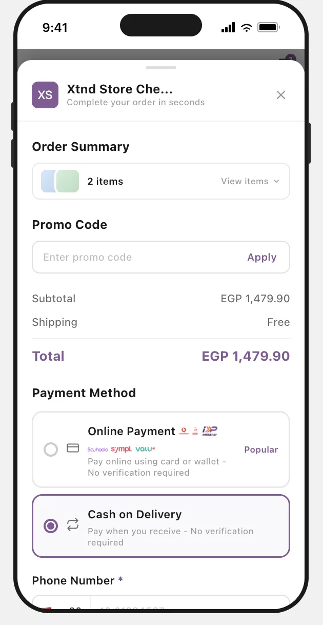 معاينة الدفع السريع من Cartsaver على الجوال مع ملخص الطلب واختيار طريقة الدفع