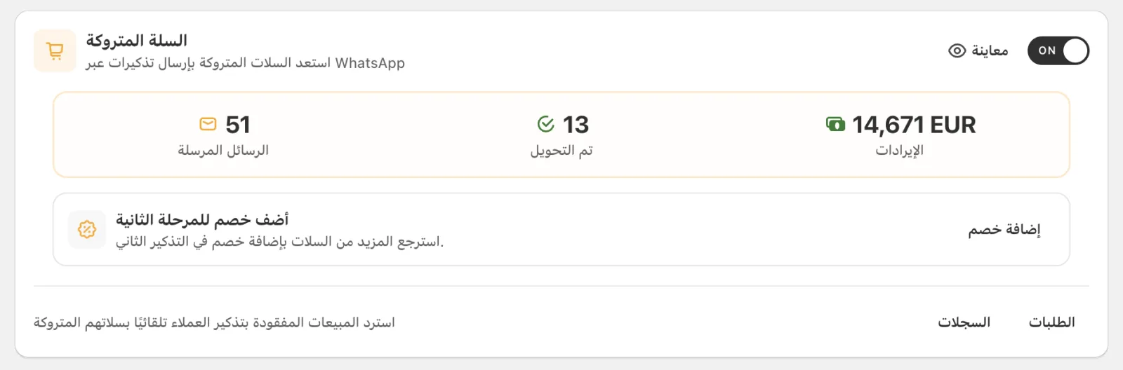 بطاقة السلة المتروكة في Cartsaver تعرض الرسائل المرسلة والسلات المستردة والإيرادات