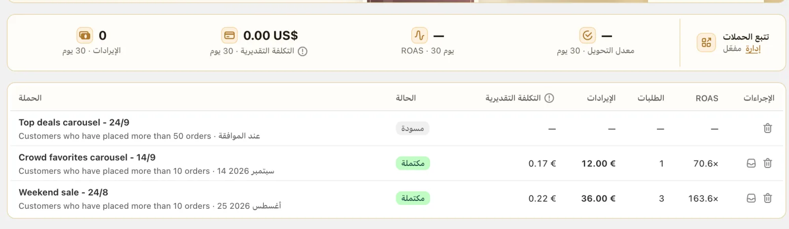 قائمة حملات Cartsaver مع التكلفة والإيرادات والطلبات وROAS لكل حملة WhatsApp