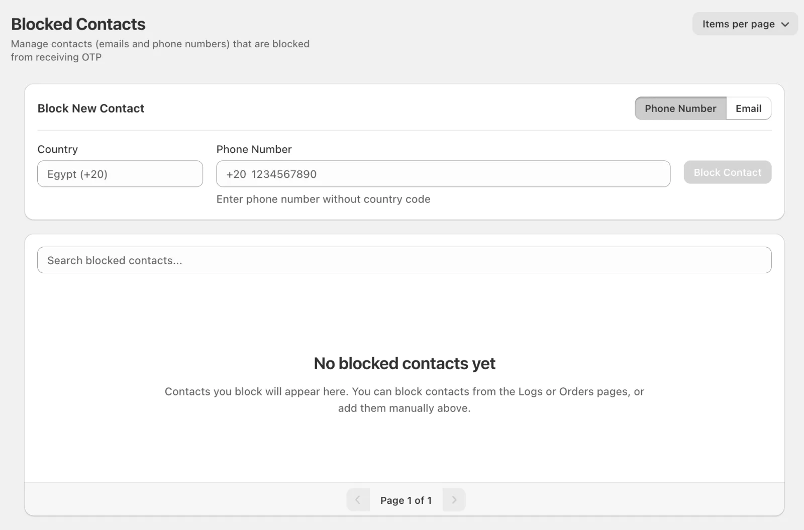 Cartsaver Blocked Contacts page for blocking a phone number or email from ordering again