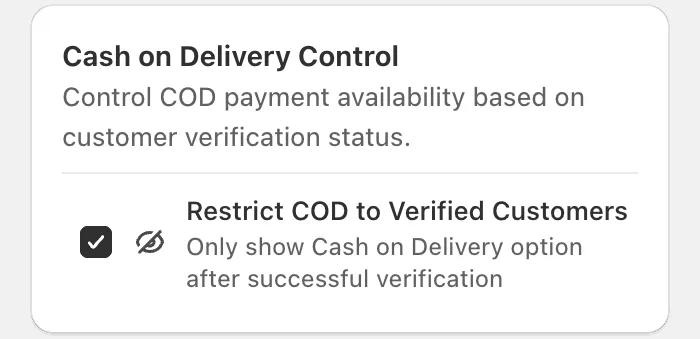 Cartsaver setting that restricts cash on delivery to verified customers