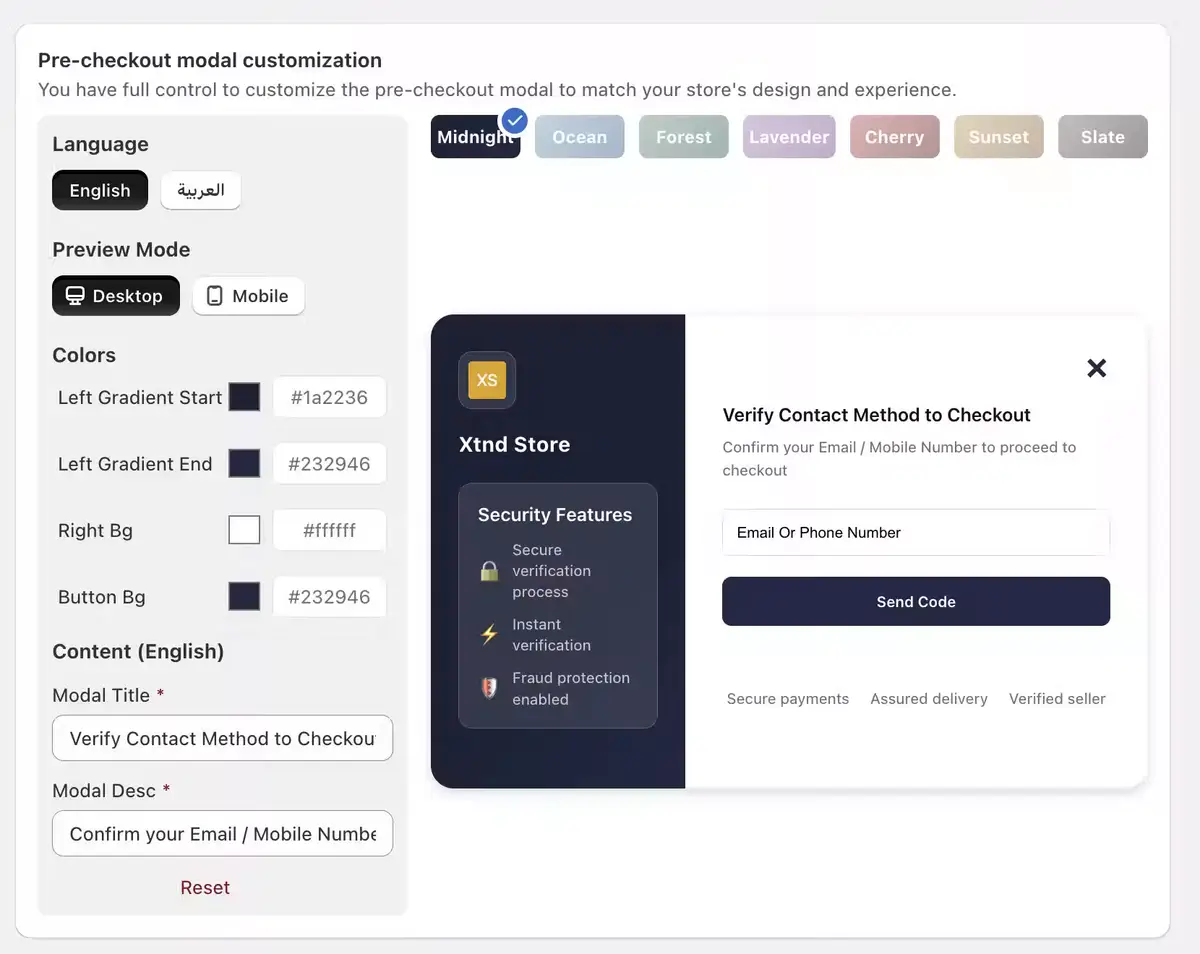 Animation of the Cartsaver pre-checkout verification modal in desktop and mobile previews