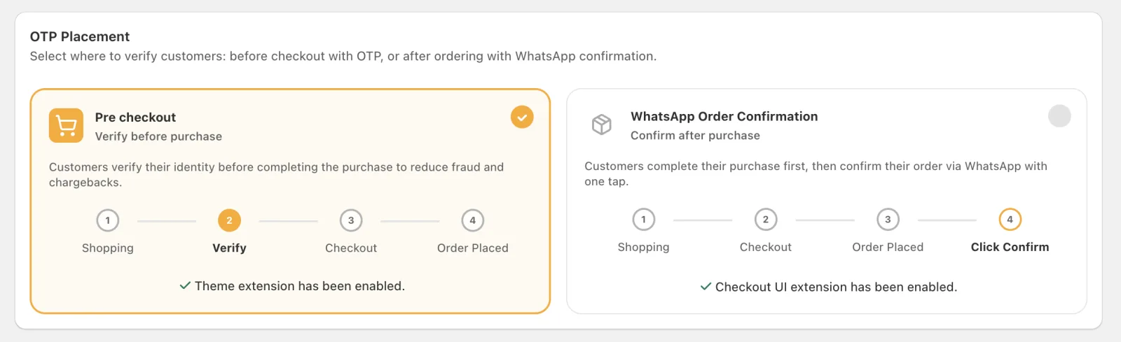 Cartsaver OTP placement choice between pre-checkout verification and WhatsApp order confirmation