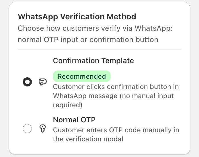 Cartsaver WhatsApp verification method: one-tap confirmation template or typed OTP code