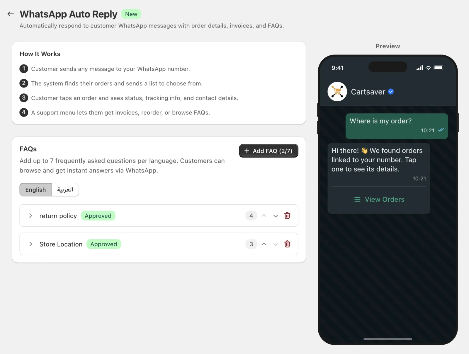 Cartsaver WhatsApp Auto Reply page with FAQs and a preview of the order lookup reply