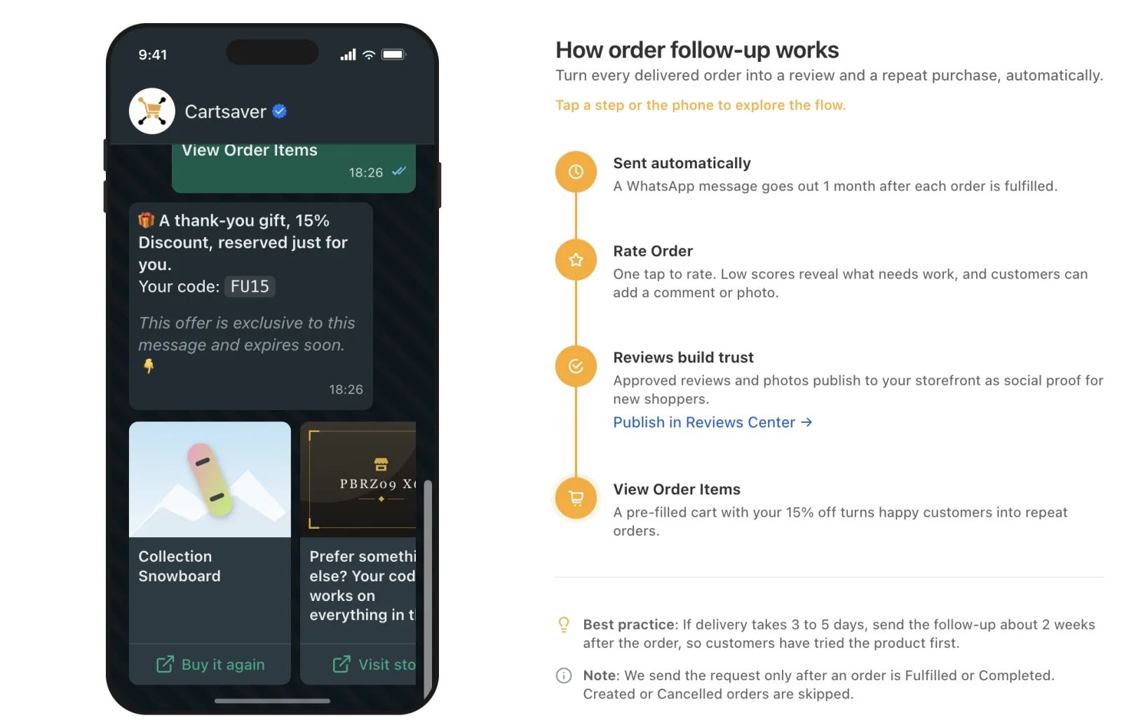 Cartsaver Order Follow-Up Preview showing the WhatsApp Buy it again carousel with a 15% thank-you discount code