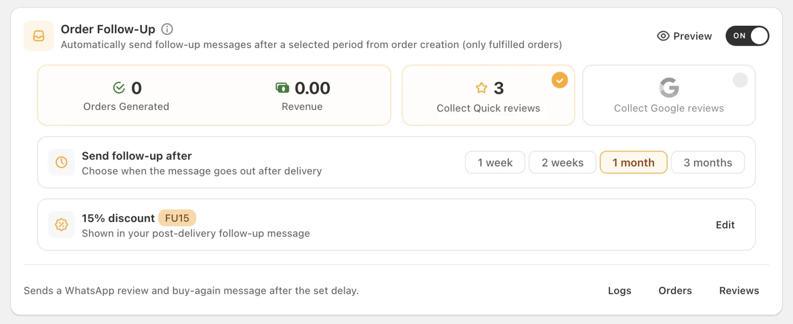 Cartsaver Order Follow-Up card with orders generated, revenue, the send delay options and a 15% follow-up discount