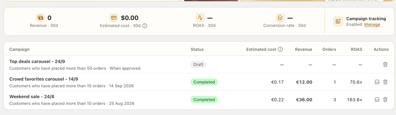 Cartsaver campaign list showing cost, revenue, orders and ROAS for each WhatsApp campaign
